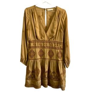 Lucky Brand Caramel Tiered Boho Dress Small Embroidered Lace Insets Wrap Front